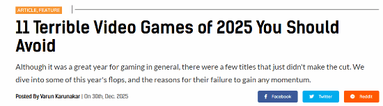 2025年最差游戏榜单出炉，这11款雷作你踩中几个？